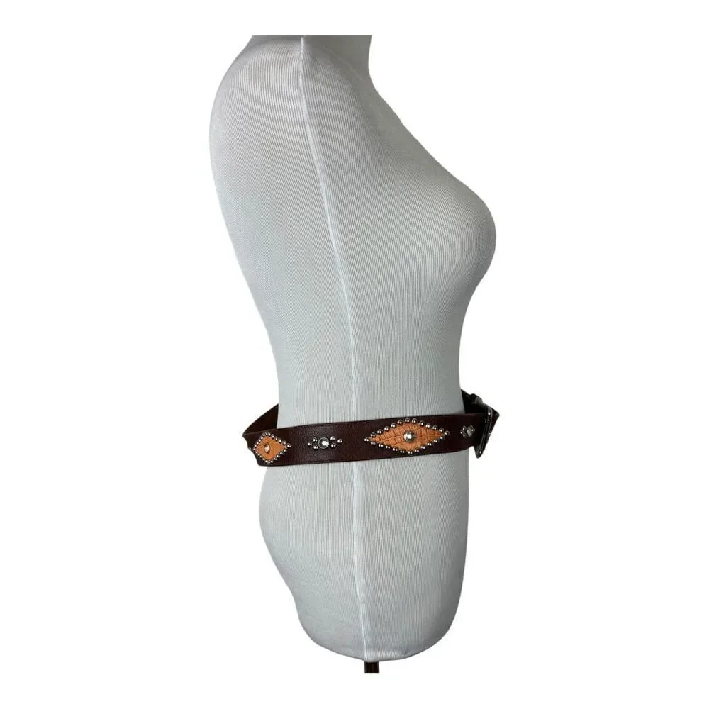 GUESS Brown Leather Belt Studs Rhinestones Western Cowgirl Boho Size L